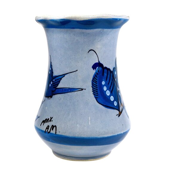 Vintage Tonalá Pottery Vase – Signed Blue Bird & Butterfly – 5.5" Mexico Art - Picture 2 of 7